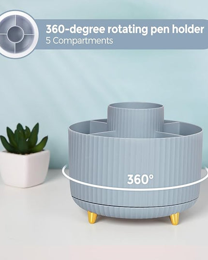 SKYDUE Desk Organizers and Accessories 10Pcs, 360-Degree Rotating Pen Holder, Stapler, Staple Remover, Tape Dispenser,2pcs Tape Refills, Binder Paper Clips Kit, Scissor (Blue)