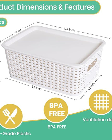Plastic Storage Baskets with Lid - Plastic Storage Containers Stackable Storage bins: Storage Baskets for Organizing Shelves Drawers Desktop Closet Playroom Classroom Office, 8 Pack-White