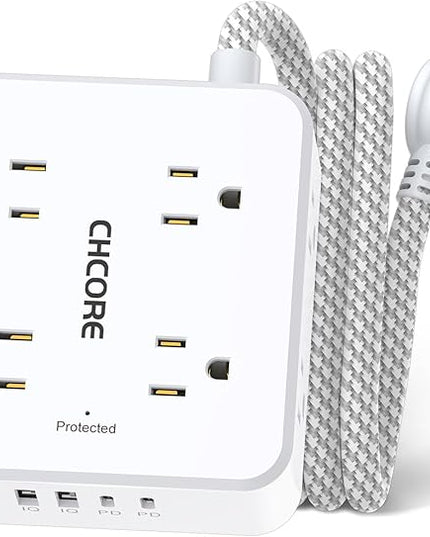 5Ft Flat Plug Braided Extension Cord - CHCORE Surge Protector Power Strip with 8 Outlets and 2 USB-C (PD 30W) Fast Charging Ports and 2 USB-A Ports for Home, Office, Dorm Room Essentials, ETL, White