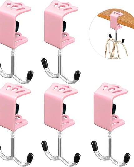 5 Pcs Adjustable Purse Hooks Heavy Duty J Clamp Hooks Bag Hanger for Table, Bag Holder for Table for Desk Key Backpack【Pink】