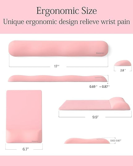 UnivoColors Design-Wave Set of Keyboad Wrist Rest & Mouce Pad,Artificial Sheepskin+Memory Foam+Ergonomic+Anti-Slip Gel, Resilience Support During Work and Gaming,Keyboard Accessory,Pink,N