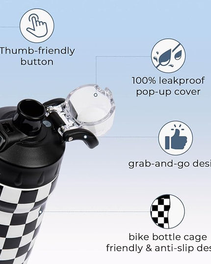 Magnetic Water Bottle with Straw 18 oz - Stainless Steel Insulated Tumbler for Gym & Bike (Fits Holders) - Leak Proof Pop-Up Lid, 2-in-1 Sip or Chug, Handle & Cute Black Checkered Print