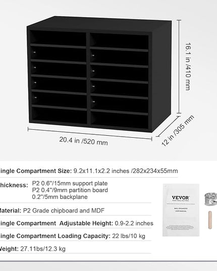 VEVOR Literature Organizers, 12 Compartments Office Mailbox with Adjustable Shelves，Wood Literature sorter 20.4x12x16.1 inches for Office, Home, Classroom, Mailrooms Organization, EPA Certified Black