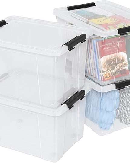 Set of 4 50 L Stackable Plastic Storage Container with Latching Lids and Wheels, Clear Home Garage Organization Bins Box, See-Through