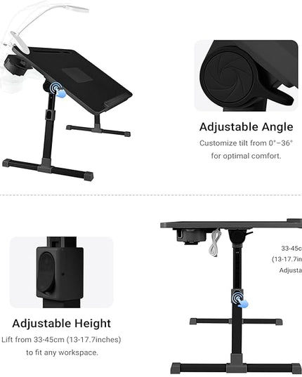 iXTRA Laptop Lap Desk with Cooling Fan - Adjustable Bed Desk with Light, Bed Table with Cup Holder&Phone Holder - Storage Drawer Desk - Folding Bed Desk,Black,70x45cm