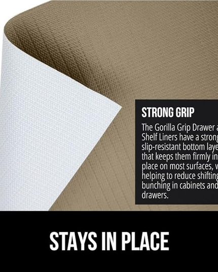 GORILLA GRIP DripGuard Shelf Liner, Non Adhesive Drawer and Kitchen Cabinet Protector, Slip Resistant BPA Free Smooth Surface Plastic Liners for Cabinets, Bathrooms, Closets, 17.5x240 Inch, Beige
