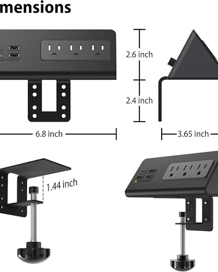 Nightstand Edge Mount Power Strip with USB-C Ports Tabletop Surge Protector Desk Clamp Power Sockets with 3 AC Outlets &4 Fast Charging USB Ports for Home Office Hotel and Dormitory (Black(2-Pack))