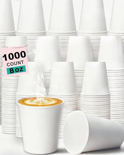 Coolcap 8 oz 1000 Pack Disposable Coffee Cups, Bulk White Disposable Paper Cups, Coffee Cups for Hot Tea, Chocolate and Cold Drinks
