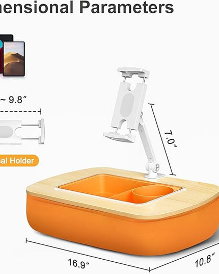 Tablet Pillow Stand for Lap Use with Snack Bowl and 360° Rotating Arm, Adjustable iPad Holder for Bed, Couch, and Recliner, Compatible with 4.7"-13" Kindle, iPad, Tablet, Phone,Orange