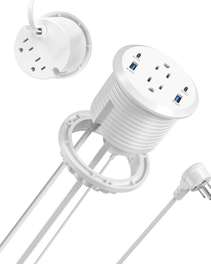 Jgstkcity Power Strip,Flush Mount Recessed Power Grommet,65W USB C Fast Charging,3-Inch Hole, 4 Outlets & 4 Ports, Ideal for Desktop & Countertop Outlet,Dual-Sided (White, 6FT)