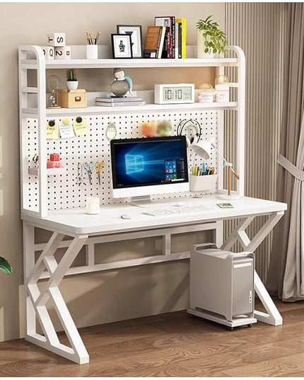 62in Gaming Desk with Bookshelf Combo, Computer Desk with Pegboard, Large Writing Table with Desktop Shelves, Ample Leg Room, for Home Office (White, 62in)