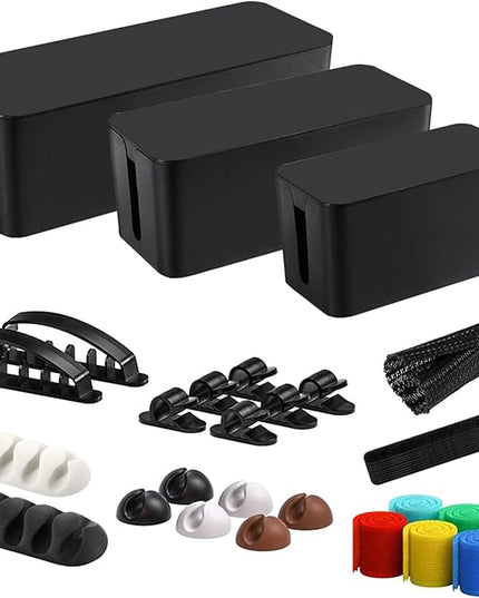 Cable Management Box, 3 Pack Cord Organizer Boxes with 33 PCS Cable Management Set to Cover Hide Power Strip, Surge Protector Under Desk & on Floor, Wire Concealer for Home Office Computer TV (Black)