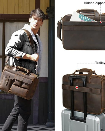 TIDING Full Grain Leather Briefcase For Men 17 Inch Laptop Case Business Travel Office Messenger Shoulder Bag