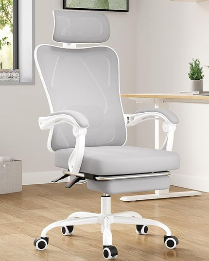 Ergonomic Office Chair, Grey Mesh and Nylon, High Back Computer Chair with Adjustable Headrest, Lumbar Support, Rocking Function, 350 lbs Capacity for Home Office