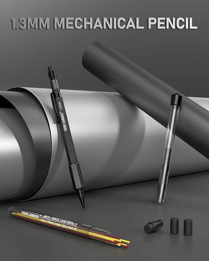 Four Candies 1.3mm Mechanical Pencil Set with 24 Lead Refills, Metal Weatherproof Heavy Duty Outdoor Carpenter Pencil, Eraser, 6 Eraser Refills for Architect Drafting Woodworking Marking with Case