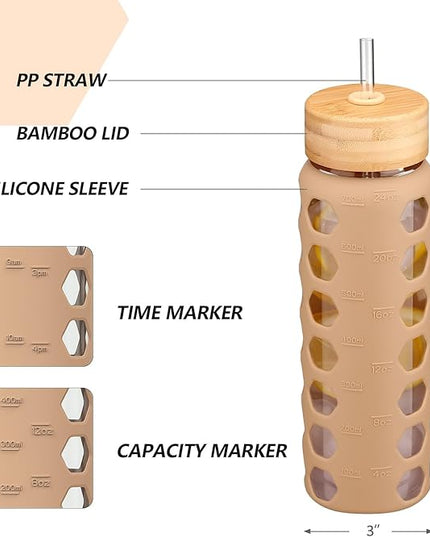 MUKOKO Glass Water Bottles, 24oz Glass Tumbler with Straw, Drinking Bottles with 2 Lids-Handle Spout Lid&Bamboo Straw Lid, Motivational Water Bottle with Time Marker and Silicone Sleeve, 1 Pack-Amber
