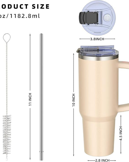 40 oz tumbler with handle and straw,Double Wall Vacuum Reusable Stainless Steel Insulated Water Bottle,With Leak Proof lid and Straw for Iced or Cold Beverages (Rose Quartz)