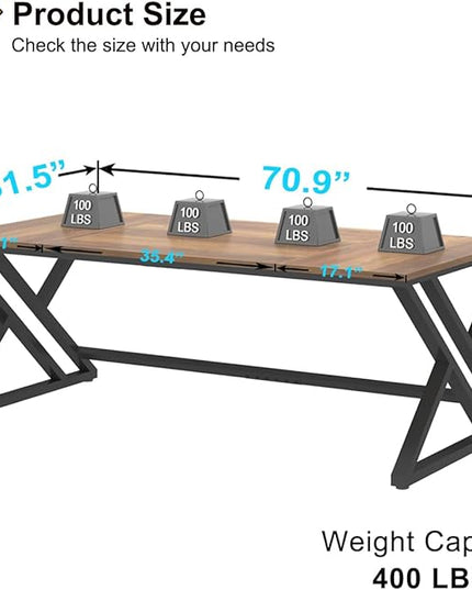HSH Rustic Long Computer Desk, Industrial Large Wood Metal Office Table, Writing Work Study Station, Farmhouse Workstation Gaming Executive for 2 Person, Rustic Oak, 70 Inch