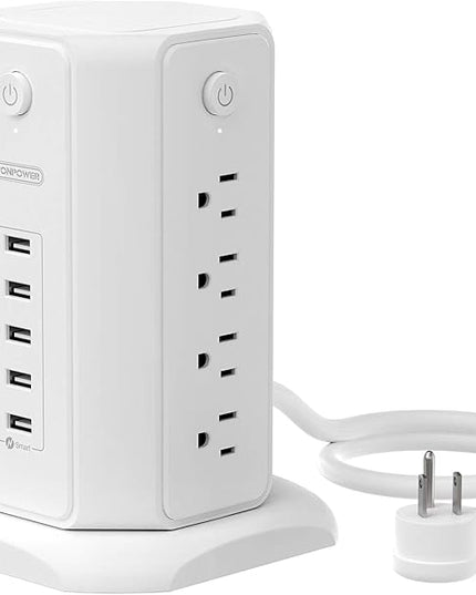 Power Strip Tower Surge Protector, NTONPOWER 8 Outlet 5 USB Desktop Charging Station 1625W 13A, 6ft Extension Cord Flat Plug, Individual Switches, 1080 Joules, Overload Protection for Home Office