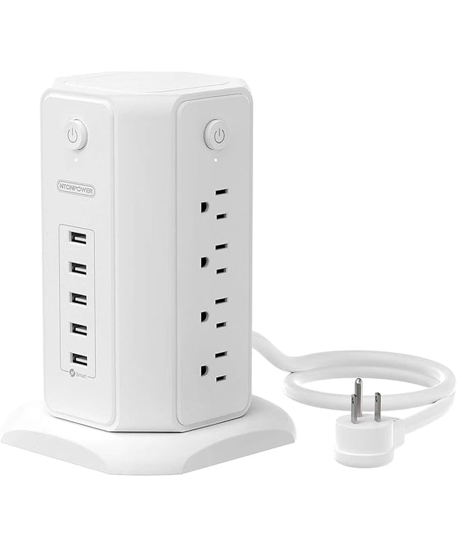 Power Strip Tower Surge Protector, NTONPOWER 8 Outlet 5 USB Desktop Charging Station 1625W 13A, 6ft Extension Cord Flat Plug, Individual Switches, 1080 Joules, Overload Protection for Home Office