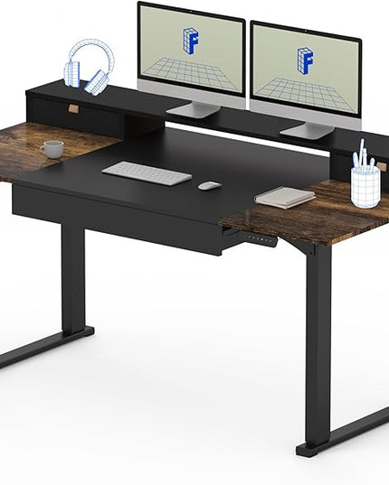 FLEXISPOT 63x32 in 4-Leg Standing Desk with Storage Electric Adjustable Height with 3 Drawers & Shelving Home Office Workstation (Black + Special Walnut Top)