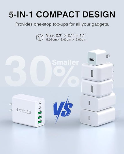[2-Pack] USB C Wall Charger,60W 5-Port PD Fast USB C Charging Block,2USB C+3USB A Multiport Plug,Type C Power Adapter Brick Cube for iPhone 17/16/15/14/13/12/Pro Max/XS,iPad,for Switch,Samsung,Ultra 2