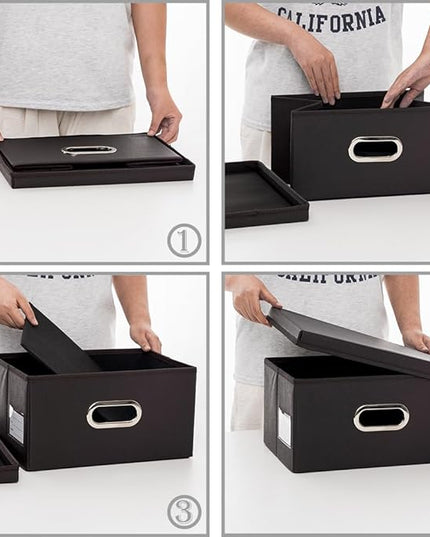 PRANDOM Collapsible Storage Box with Lid [1-Pack] Leather Fabric Foldable Storage Bin Organizer Container Basket Cube with Cover for Home Bedroom Closet Office Nursery Black (13.6x9.6x6.9)