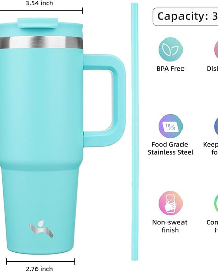 30 oz Tumbler with Handle and 2 Straws,2 in 1 Lid Insulated Water Bottle Stainless Steel Travel Coffee Mug,Turquoise