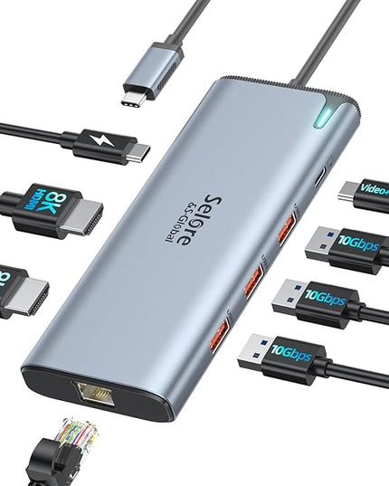 Docking Station USB C Video,8K Laptop Docking Station Dual Monitor 8K@60Hz 2*HDMI,USB-C Hub with USBC Video Output,4 * 10Gbps USB Port,Ethernet,100W PD for Portable Monitor,MacBook Pro/Air,Dell,HP
