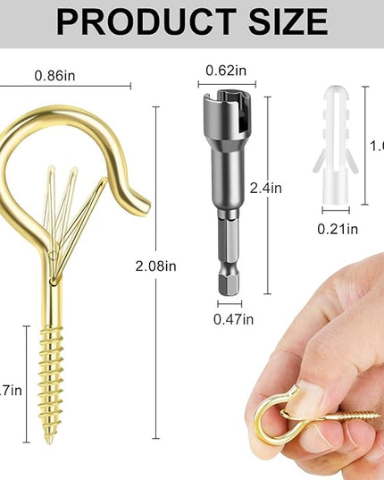 50 Pack Screw-in Hooks for Outdoor String Lights, Q Hanger Hooks for Outside, Swivel Hanging Basket Patio Hook with Safe Buckle, Plant Eye Hook for Wall Ceiling with 1 Wing Nut Driver, Gold