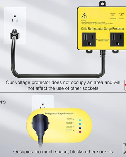 Refrigerator Surge Protector, Ortis Double Outlet Voltage Protector for Home Appliances with Time Delay, Protects Against Brownout, Spike, Instant Surge All Voltage Abnormalities, Yellow