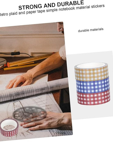 VILLCASE 12 Rolls Vintage Grid Pattern Washi Tape Retro Decorative Paper Tapes for DIY Journals Scrapbooking Planners Crafts Red Blue Yellow for Creative Stationery and Wrapping