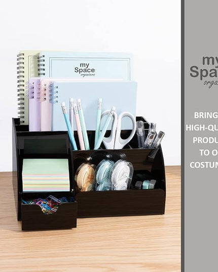 My Space Organizers Black Desk Organizer with 9 Compartments - Desktop Office Supplies and Desk Accessories Organizer