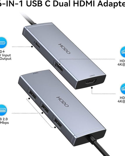 USB C Docking Station Dual HDMI Monitor 4K 60 Hz USB C to Dual HDMI Adapter with 2 hdmi Ports, USB-C Hub 2 Monitors with 3 USB Port PD Charging Compatible for Dell XPS HP Surface etc