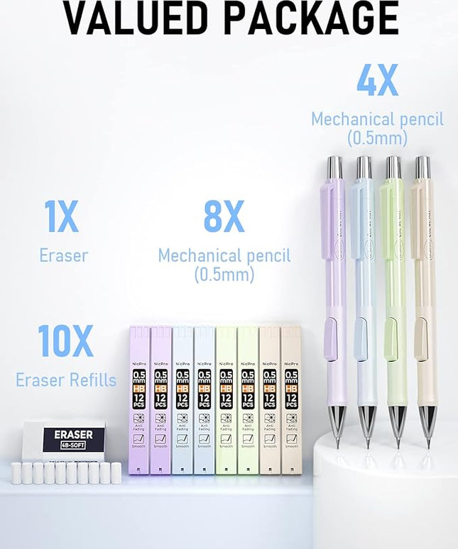 Nicpro 4PCS Pastel Mechanical Pencil 0.5mm, Cute Fast Click Mechanical Pencils Set with 100PCS HB Lead Refills, Erasers and Eraser Refills, Aesthetic School Supplies for Writing, Drawing, Sketching