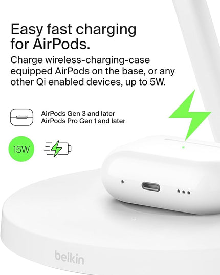 Belkin MagSafe-Compatible Charger, 3-in-1 Wireless Charging Station, Qi2-Certified 15W Wireless Charge for Apple iPhone 17 Series, Apple Watch, AirPods w/Non-Slip Base, 40W Included - Black