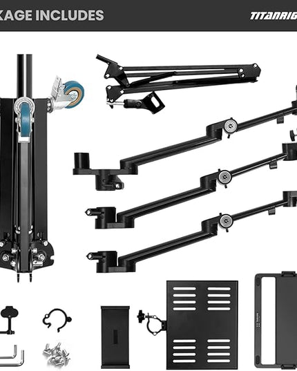 TARION Live Streaming Stand with Wheels - 61"/155cm 5-in-1 Stream Stand Equipment Kit: 1 Mic Boom + 3 Articulated Arms + 1 Projector Holder, Adjustable Heavy-duty Floor Live Tree Stand Setup TitanRig