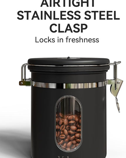 Veken Coffee Canister with Window, Airtight Stainless Steel Kitchen Food Storage Container with Lids, Date Tracker and Scoop for Grounds Coffee, Beans, Tea, Flour, Cereal, Sugar Jars, 16OZ, Black