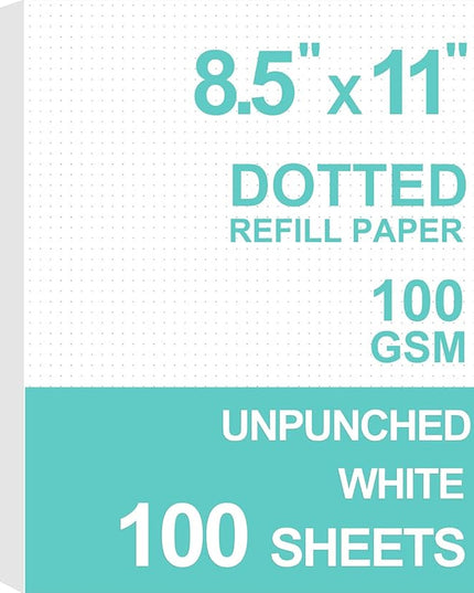 Getvow A4 Unpunched Refill Paper, Loose Leaf Filler Paper for Ring BinderDisc Notebook Planner Inserts, 100gsm Dot Grid White Paper, 100Sheets200Pages, 8.5 x 11