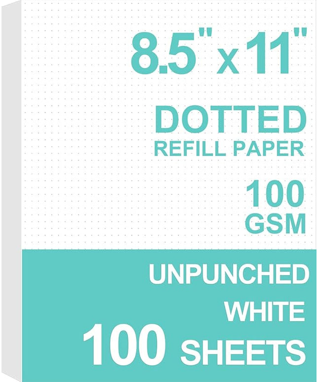 Getvow A4 Unpunched Refill Paper, Loose Leaf Filler Paper for Ring BinderDisc Notebook Planner Inserts, 100gsm Dot Grid White Paper, 100Sheets200Pages, 8.5 x 11