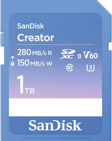 SanDisk 1TB Creator SD UHS-II Card, Read speeds up to 280MB/s, for DSLR and Mirrorless Cameras, 4K UHD, 6K Video, V60, 1 Month of Adobe Creative Cloud Included - SDSDXEP-1T00-GNCIS