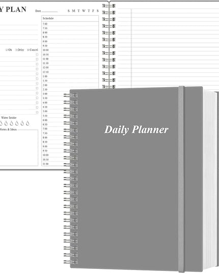 Daily Planner Undated - A4 To Do List Notebook Hourly Schedules, Spiral Appointment Planner for Women and Men,PVC Hardcover, Inner Pocket, Elastic Closure, 8.5" x 11", Grey
