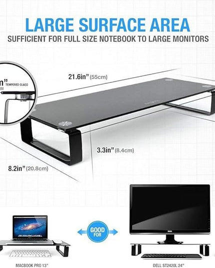 Eutuxia Type-S Black Tempered Glass Monitor Stand, TV, Laptop, Computer, All-In-One Desktop, Printer Riser [21.75 x 8.25 x 3.25 Inches]