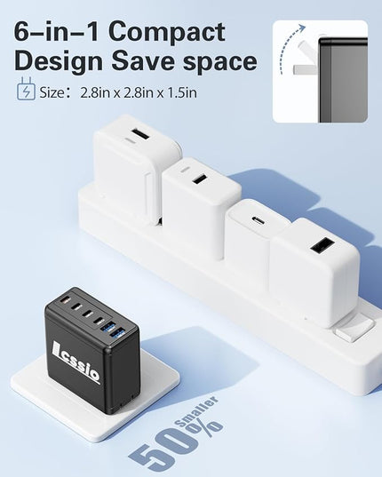 2 Pack 200W USB C Charger with 4 USB Cables, 6-Port Wall Charger, Laptop Fast Charger Type C Charging Block for MacBook Pro, Dell XPS, iPhone 17, iPad, Tablet, Chromebook Black
