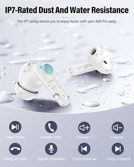 Wireless Earbuds, Bluetooth 5.4 Headphones Bass Stereo, Ear Buds with Noise Cancelling Mic, LED Display in Ear Earphones Clear Calls, IP7 Waterproof Bluetooth Earbuds for Laptop/Phones/Sports, White