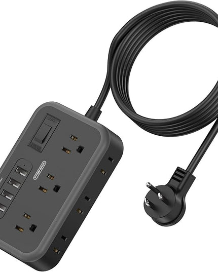 Flat Plug Extension Cord 10 Ft, NTONPOWER 6 Widely Spaced Outlet(2 Side) Power Strip with 4 USB Ports, Overload Protection, Wall Mount Charging Station for Home Office, Nightstand and dorm room, Black