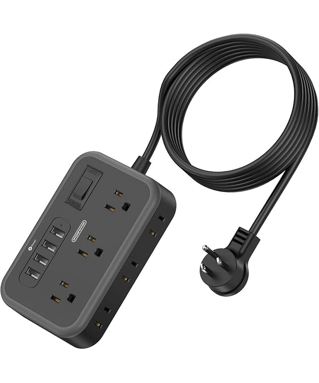 Flat Plug Extension Cord 10 Ft, NTONPOWER 6 Widely Spaced Outlet(2 Side) Power Strip with 4 USB Ports, Overload Protection, Wall Mount Charging Station for Home Office, Nightstand and dorm room, Black