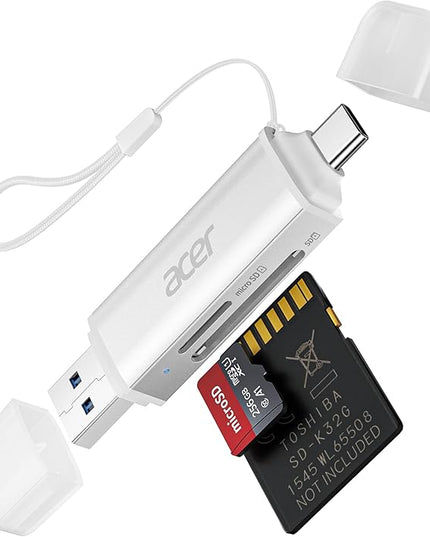 acer SD Card Reader USB C, Dual Slots USB 3.0 Type C to Micro SD Card Adapter, Memory Card Reader for MicroSD, SDHC, SDXC, Compatible with Laptop, PC, iPhone16/15, MacBook, iPad Pro, Android-Silver