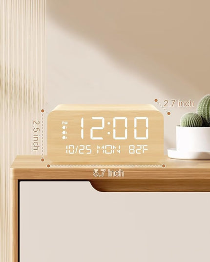 Digital Alarm Clock, with Wooden Electronic LED Time Display, 3 Alarm Settings, Humidity & Temperature Detect, Wood Made Electric Clocks for Bedroom, Bedside (Yellow-Wireless)