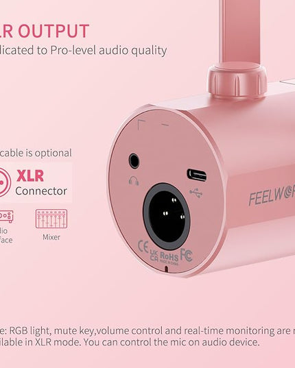 FEELWORLD PM1 XLR USB Dynamic Microphone Gifts for Podcast Recording PC Computer Gaming Live Streaming Vocal Voice-Over, Studio Metal Mic with RGB Light, Mute Button, Headphones Jack (Pink)